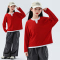 fake two-piece layered sweatshirtgirl waffle gridsv necklong sleeves t-shirt spring autumgirls fitted bottom shirt