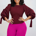 D338 european and american women's clothing  spring new fashion elegant slim-fit solid color tie-up puff sleeve top export blouse