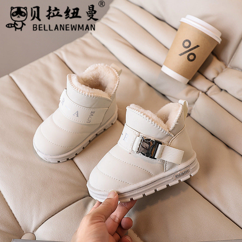 Custom boys' fleece-lined snow boots, new autumn/winter collection, girls' black cotton shoes, thickened ankle boots for students, trendy styles for mid-to-large children