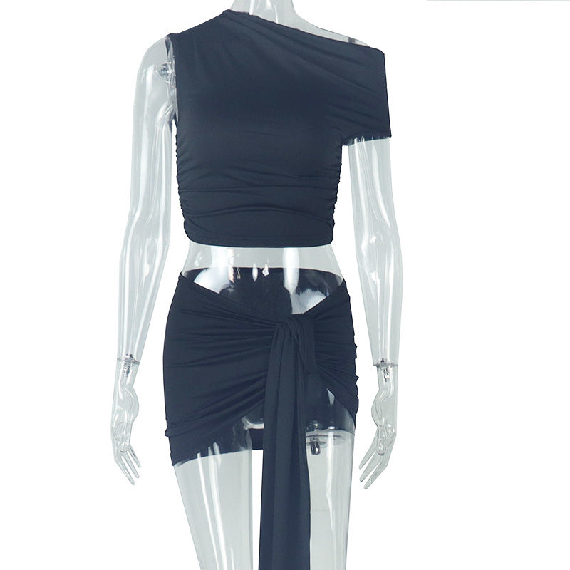 European and American  sexy women's clothing casual exposed navel lace-up solid color pleated skirt set short skirt sleeveless turtleneck two-piece set