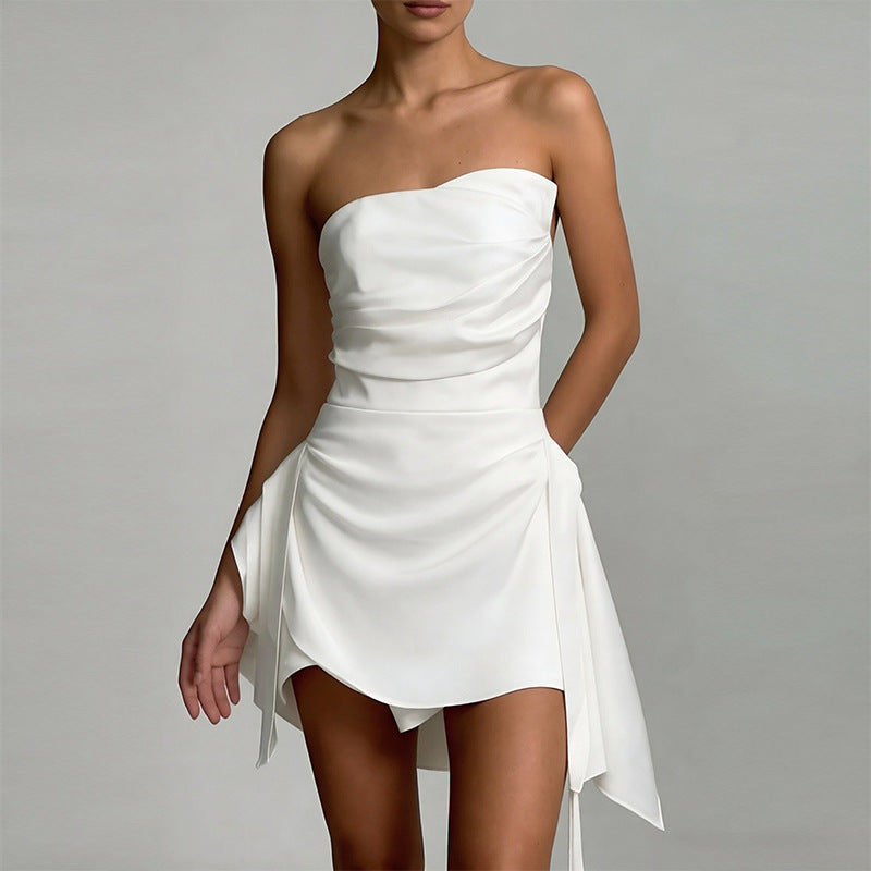 cross-border european and american women's clothing: new summer french chic solid color ruched bandeau mini dress