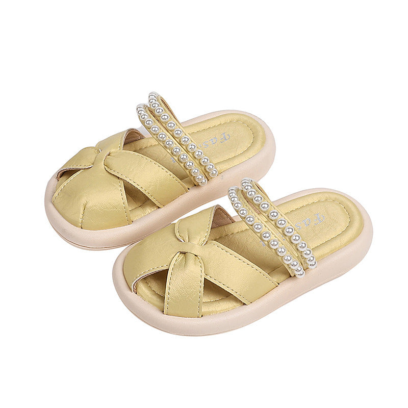 Vancahao  summer new korean style girls' fashion pearl sandals - outdoor flat closed-toe beach slippers