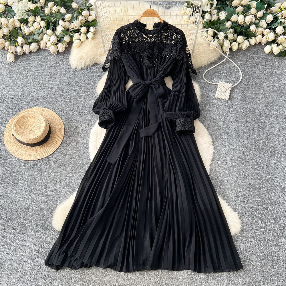 Elegant red lace pleated dress - women's unique tie-waist a-line maxi dress for work and everyday style