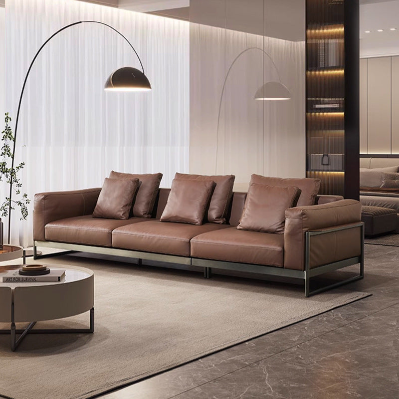 Retro industrial style down leather sofa living room simple straight row italian accessible luxury leather sofa carbon stainless steel frame