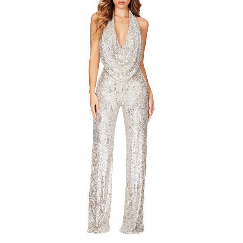 Ready-to-ship european and american new arrivals:   summer cross-border sleeveless halter sequin jumpsuit for women