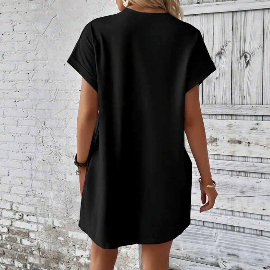 new european and american style solid color loose-fit short sleeve dress - summer casual round neck pocket design women's clothing