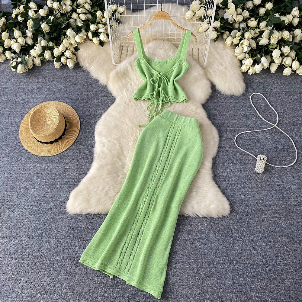 Women's summer knit two-piece vacation outfit: cutout tie-up cami top & high-waisted maxi skirt set