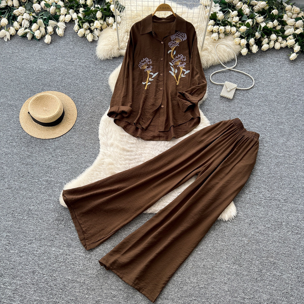 export lazy style embroidered long-sleeve shirt and wide-leg pants two-piece set - women's spring/autumn commute chic fashion outfit
