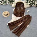 export lazy style embroidered long-sleeve shirt and wide-leg pants two-piece set - women's spring/autumn commute chic fashion outfit