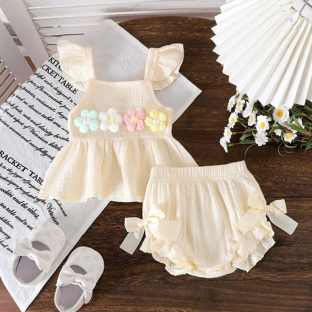 Amazon new arrival: summer solid color flutter sleeve floral puff top with bow detail and hip-hugging shorts - infant & toddler clothing