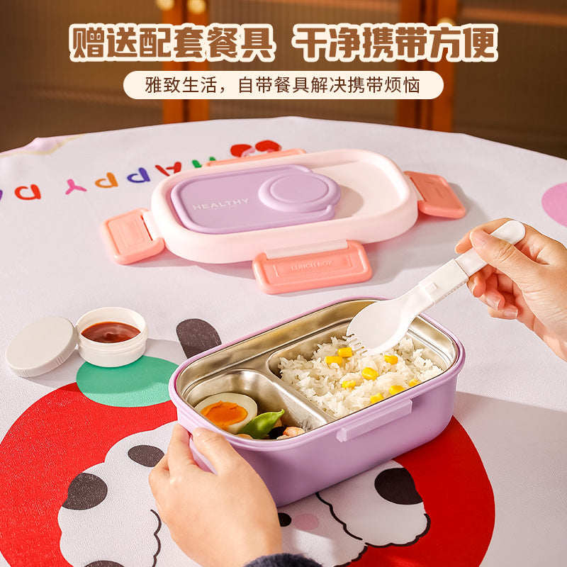 High-style, divided lunch box made with 304 stainless steel. perfect for students and office workers, this bento box is microwave-safe and ready for your packed lunch