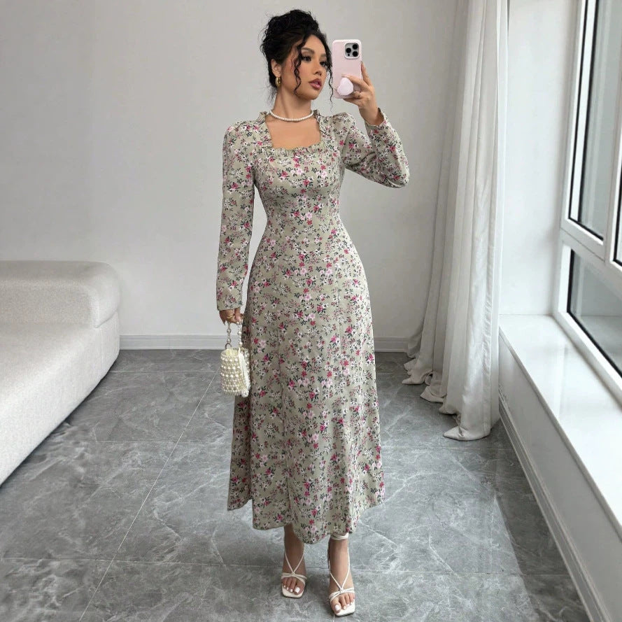 Plus size long french retro floral dress - spring/autumn  - slimming, figure-flattering, fishtail maxi dress with cinched waist