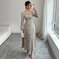 Plus size long french retro floral dress - spring/autumn  - slimming, figure-flattering, fishtail maxi dress with cinched waist