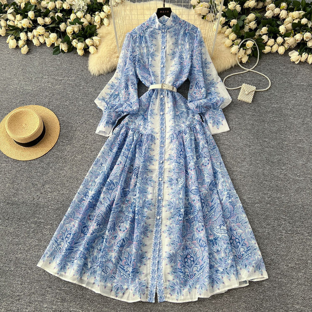 early spring resort style stand collar lantern sleeve printed single-breasted cinched waist dress - women's pleated elegant maxi dress