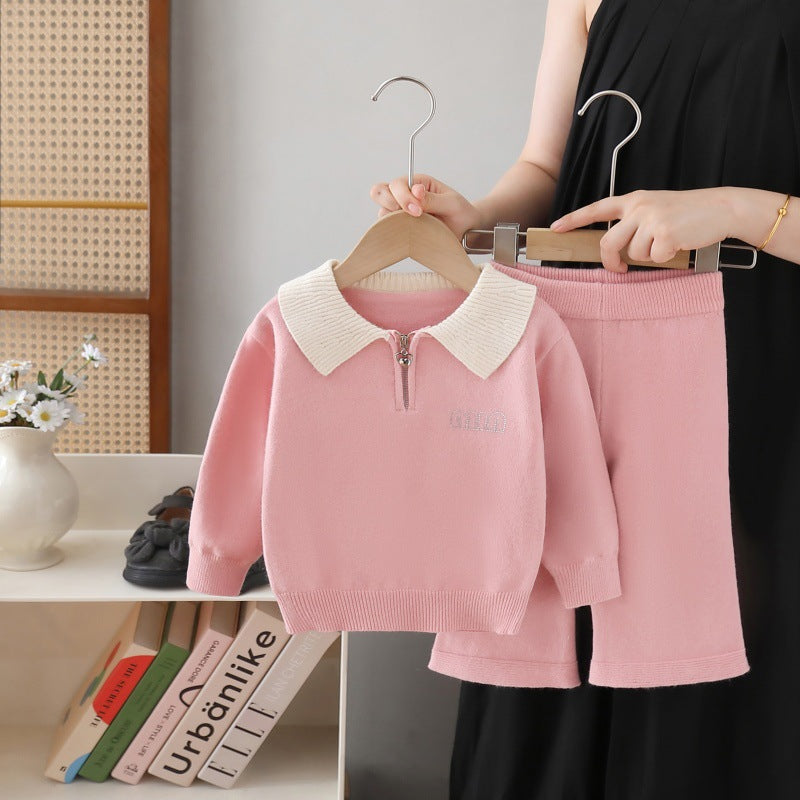 Girls' knit sweater polo shirt and pants set - new autumn  collection - casual sweater outfit for little girls