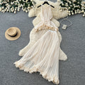 French chic white sleeveless pleated mini dress - summer lace trim, elegant & versatile workwear set