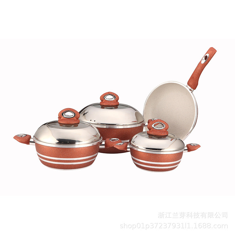 Personalized oem stretch rolled edge medical stone suit non-stick pan combination suitcasual style aluminum exportsuit