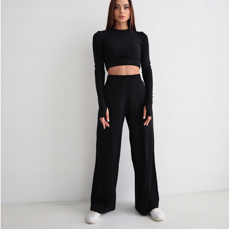 European and american cross-border women's fashion:  autumn new collection - stylish and elegant ribbed long-sleeve cropped top and wide-leg pants two-piece set