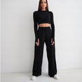 European and american cross-border women's fashion:  autumn new collection - stylish and elegant ribbed long-sleeve cropped top and wide-leg pants two-piece set