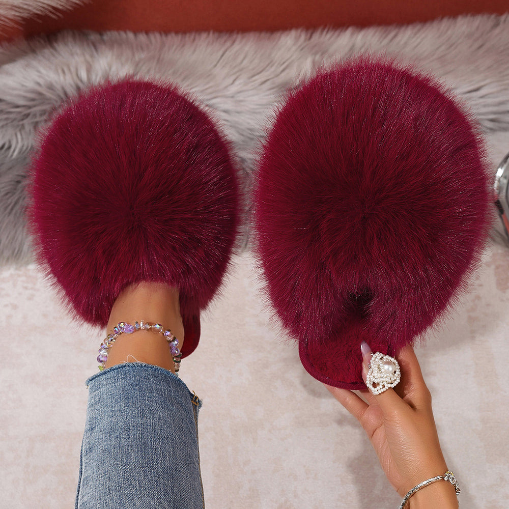 plus sizepure color fluffy large fur slippers soft bottom winter toe-cap home heattech multi-color cotton slippers