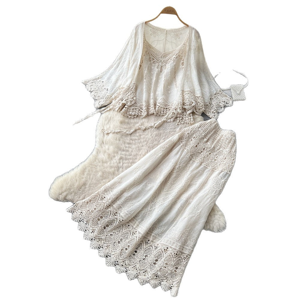 French chic lace cutout two-piece set for women - autumn 2026 elegant fashion outfit - white high-waisted set