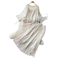 French chic lace cutout two-piece set for women - autumn 2026 elegant fashion outfit - white high-waisted set