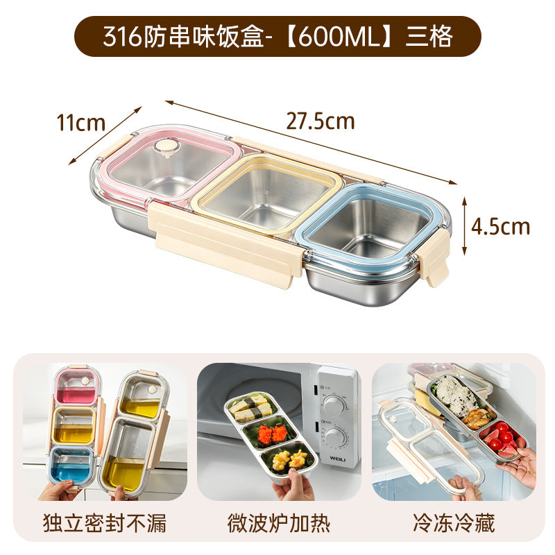 316 stainless steel divided lunch box - student meal container, prevents flavor mixing, bento box, household food storage container, refrigerator prep box