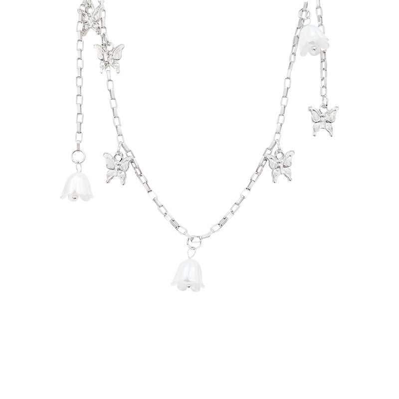 Tassel lily of the valley flower necklace light luxury classy clavicle chain butterfly gentle double layered wearing niche design necklace