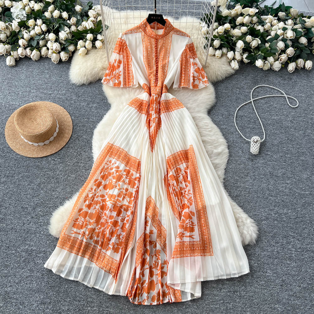 French court style printed dress - women's summer pleated stand collar slimming design, exquisite and stunning maxi dress