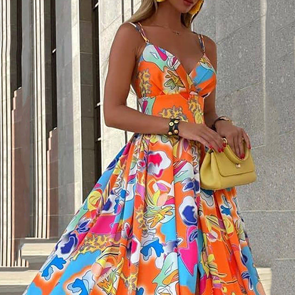 Y9284  cross-border summer new european and american women's chiffon printed dress - bohemian vacation style