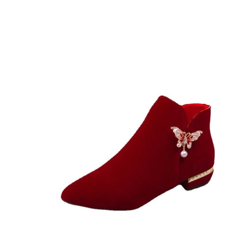 Winter wedding shoes women's burgundy chinoiserie xiuhe wedding dress two wear pearl thick heel bridal shoes fashionbows single boots