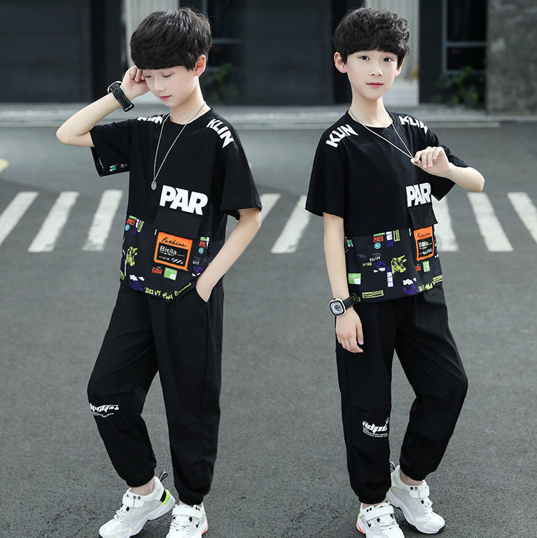 Boys' summer outfit set:  new styles for older boys - stylish, sporty, short-sleeved korean fashion