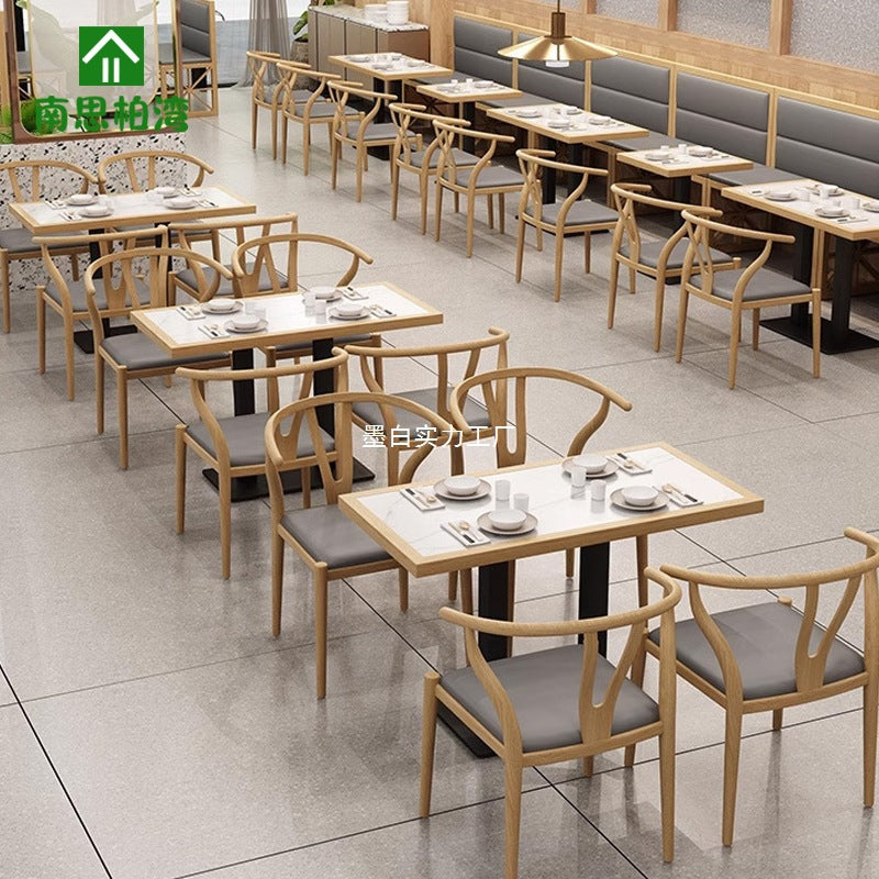 Solid wood hemming rock slab dining table milk tea coffee shop tea house Chinese and Western restaurant hot pot table storage drawer hotel table and chairs
