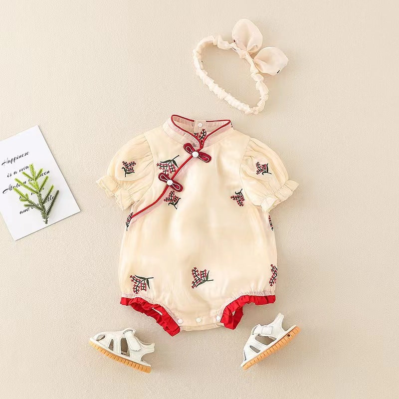 Infant and toddler summer romper, baby girl's cute cheongsam-style onesie, chinese traditional classical clothing, triangle bodysuit, crawling suit