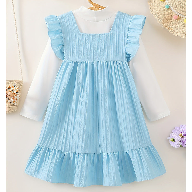 Autumgirldress sky blue cute flying sleeves knittingstereo flower embroiderlong sleeves bottom shirttwo-piece set
