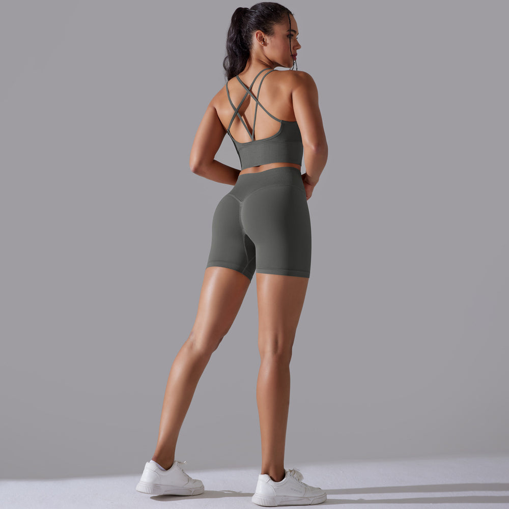 fashion seamless knitting pure color beautiful back high elastic sports tight yoga suit running fitness two-piece set