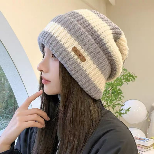 New autumn and winter versatile fashion big head circumference knitted hat warm ear protection trendy loose women's face small striped wool hat