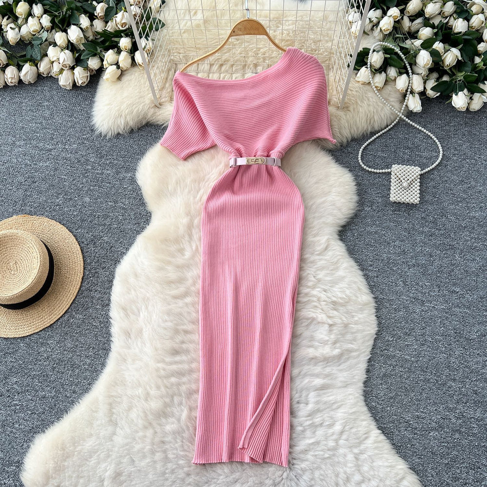 Minimalist asymmetrical neck knit dress - women's autumn slim fit, figure-flattering, slit design, unique and chic, long dress for the modern woman