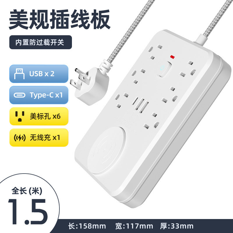 110v us standard 6-outlet power strip with usb wireless charging, overload protection, and extension cord