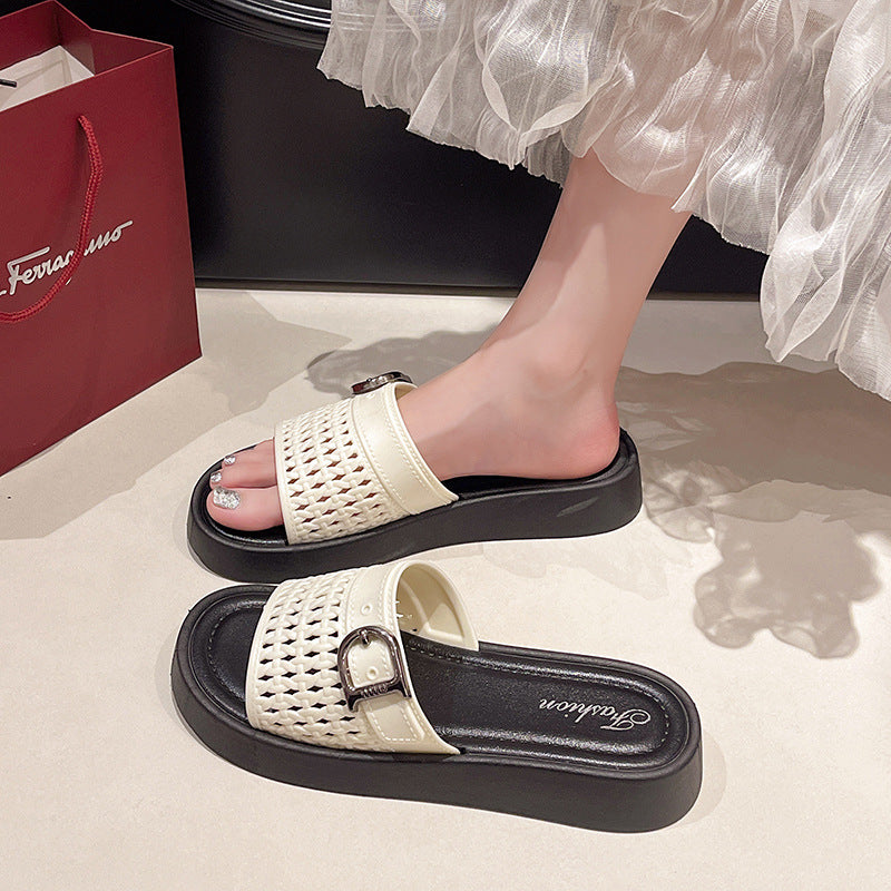 Women's summer slippers 2025 new thick-soled hollow-out buckle strap beach sandals fairy style with skirt one-strap slippers