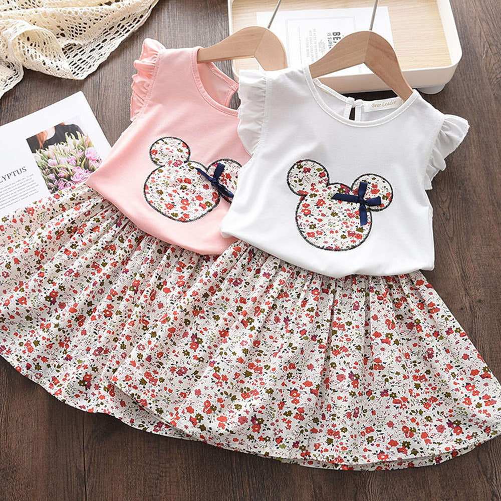 Girls'  summer new arrival cross-border set: cartoon lightweight flutter sleeve top & floral print midi skirt - toddler two-piece outfit