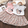 Girls'  summer new arrival cross-border set: cartoon lightweight flutter sleeve top & floral print midi skirt - toddler two-piece outfit