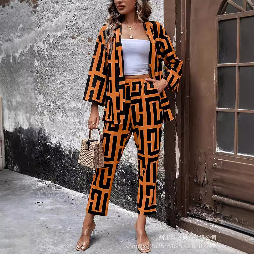 European and American   2024 Spring and Autumn  casual striped pattern cardigan long-sleeved pants set
