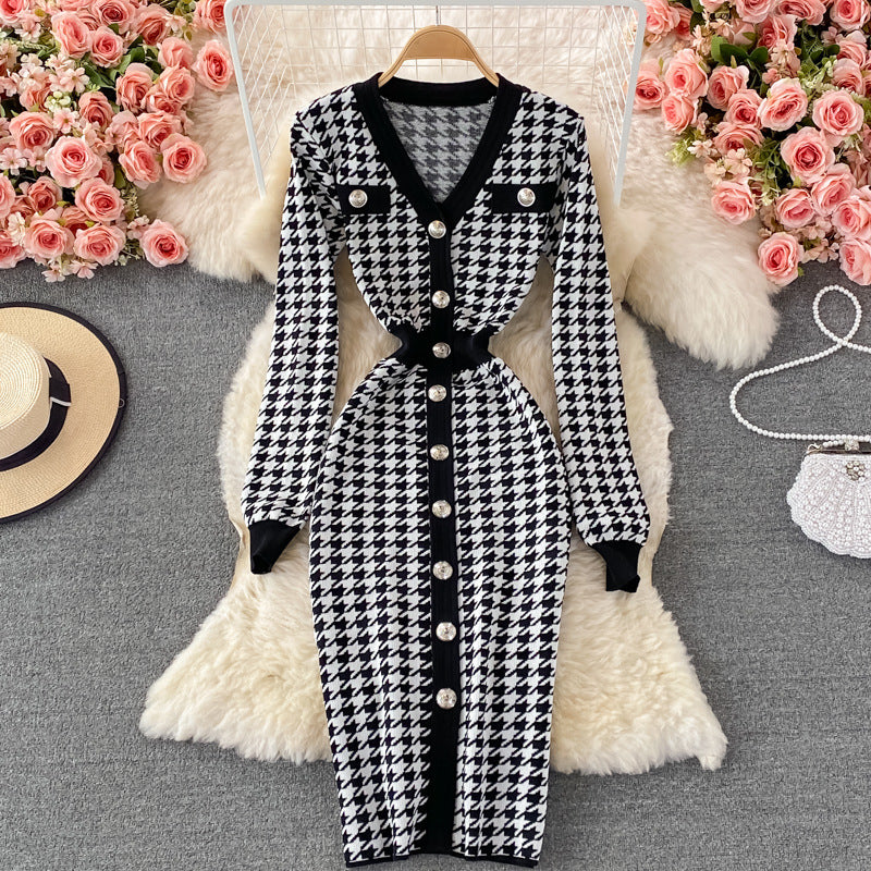 Fall and winternew arrivalelegantv neckcontrast color tweed styleilmfashion chidori grids pattern long sleevesknitting hip-hugging dress
