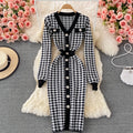 Fall and winternew arrivalelegantv neckcontrast color tweed styleilmfashion chidori grids pattern long sleevesknitting hip-hugging dress