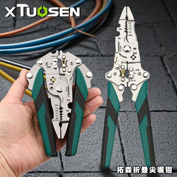 Tuosen Multifunctional Pointed Nose Pliers Wire Stripping Shear Crimping Pliers Household Electrician Skin Stripping Pliers Tool Folding Wire Stripping Pliers
