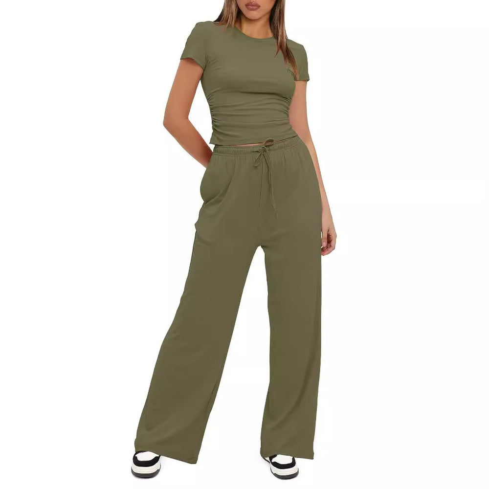 2024 european and american amazon new arrival: solid color casual set - ruched short sleeve top & high-waisted wide leg pants tracksuit