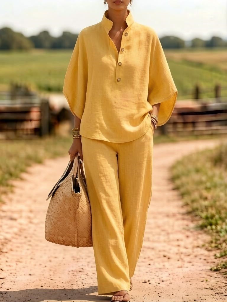 european and american cross-border new spring/summer comfortable casual button-down shirt and wide-leg pants linen two-piece women's set