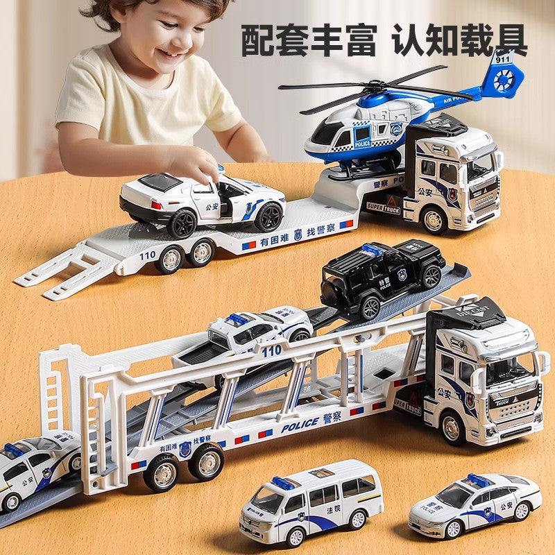 Kids' alloy toy car police car rescue truck large double-decker trailer car model for boys ages 3-6