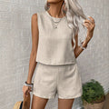 Exportfashion loose work clothingsuit breathable linen sleeveless short tops drawstring high waist wide leg shorts two pieces